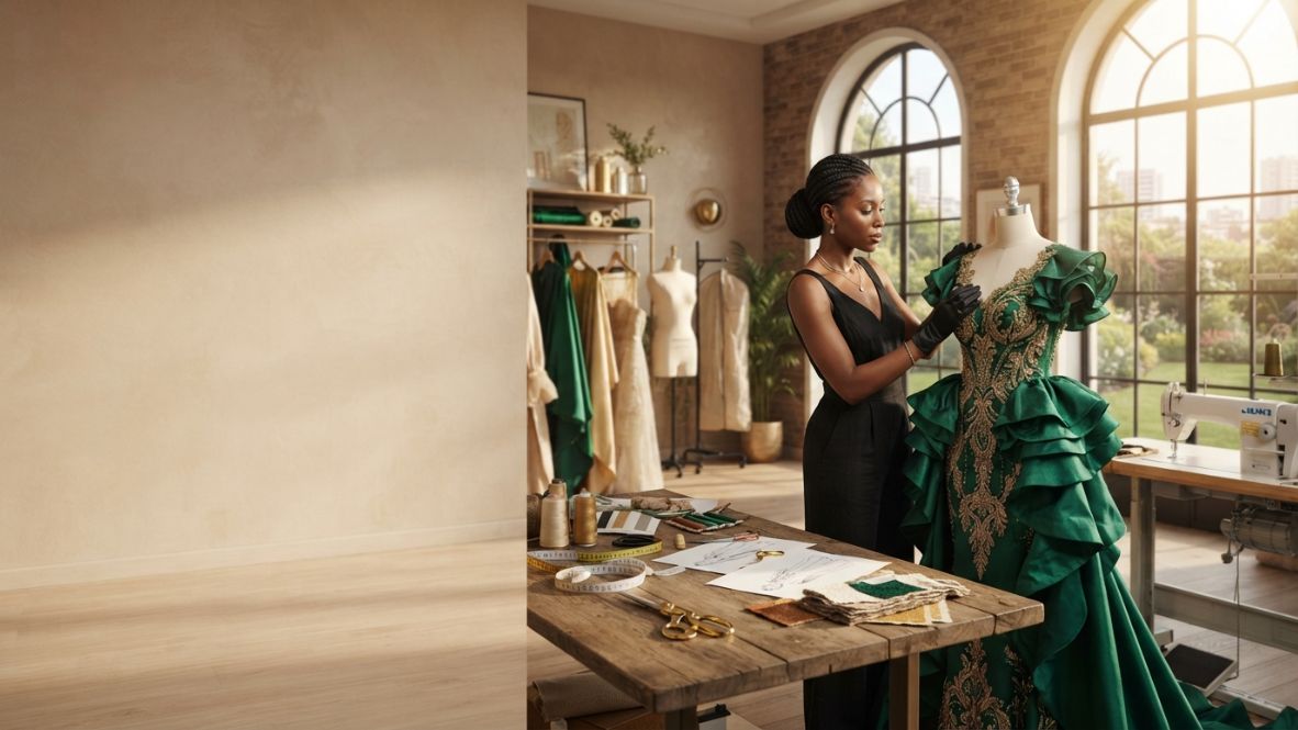 Styliste EMSTYLAR ajustant une robe de soirée brodée sur mesure dans l'atelier